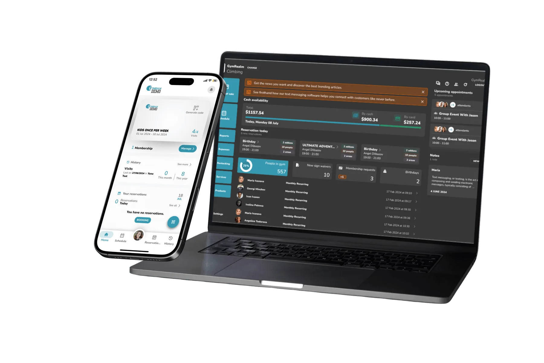 GymRealm Manager dashboard on laptop and the member app on mobile