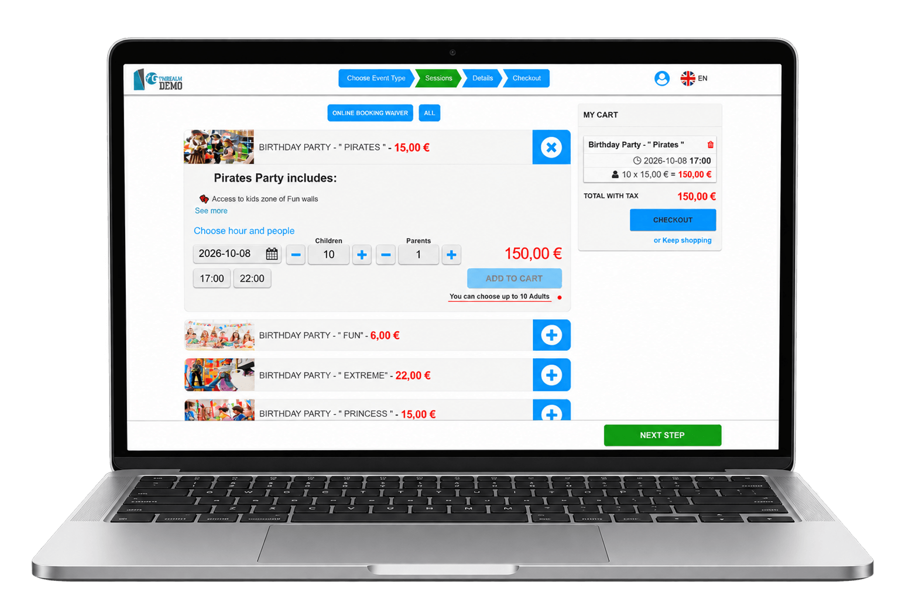 Online event and party bookings in GymRealm Manager